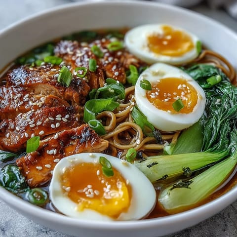 Healthy Miso Chicken Noodle Bowls feature soft-boiled eggs and sesame seeds atop savory noodles and vibrant vegetables.