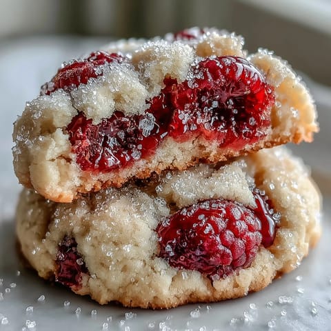 Freshly baked Soft Chewy Raspberry Sugar Cookies are arranged on a cooling rack, highlighting their pink, sparkly sugar coating and jammy red berry speckles.