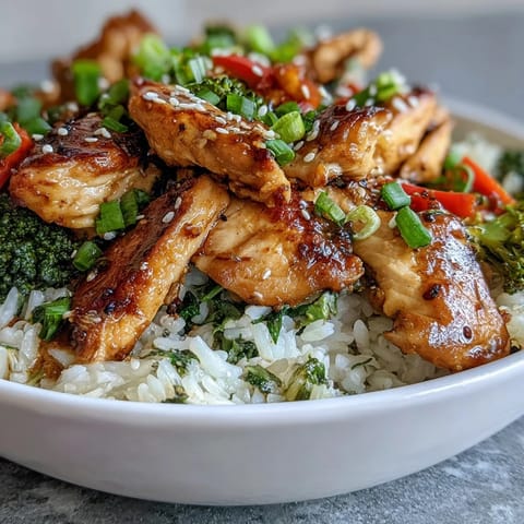 A freshly prepared Chicken and Rice Bowl featuring golden chicken, steamed broccoli, and peppers, ready for a quick weeknight dinner.