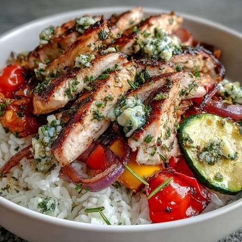 Zesty Lemon Herb Roasted Chicken Bowl garnished with fresh herbs and a bright lemon dressing.