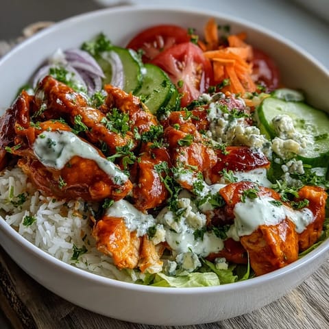 A finished Buffalo Chicken Bowl layered over white rice with tomatoes and blue cheese.
