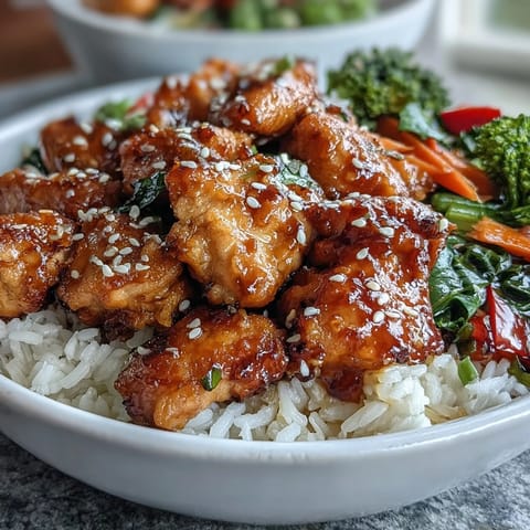 Savory Honey Garlic Chicken Bowl garnished with fresh green onions, ready to serve for a quick weeknight dinner.