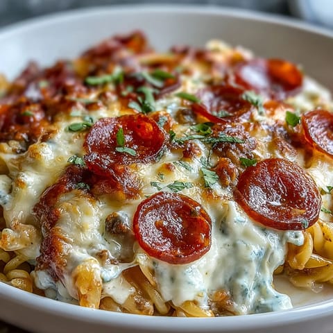 A generous slice of High-Protein Pizza Pasta Bake served alongside a crisp green salad for dinner.