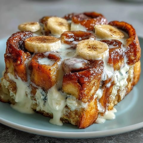 Golden-brown Cream Cheese Swirl Cinnamon Roll French Toast Bake fresh from the oven, served warm with maple syrup.