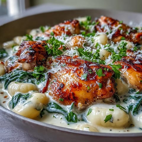 Skillet of One-Pan Creamy Garlic Chicken Gnocchi garnished with fresh parsley, served hot for an easy family dinner.