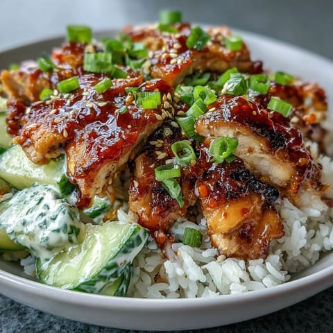 Freshly sliced cucumbers in creamy dressing topped with seared chicken and a drizzle of chili crisp for TikTok Chili-Crisp Cucumber Chicken Bowls.