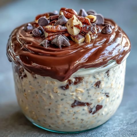 Peanut Butter Cup Overnight Oats in a clear jar, layered with rich cocoa ganache and topped with chocolate chips for a decadent yet healthy breakfast treat.