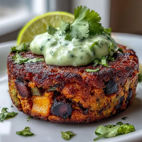 A close-up of a toasted burger bun filled with a hearty sweet potato black bean patty, drizzled with zesty avocado lime sauce.