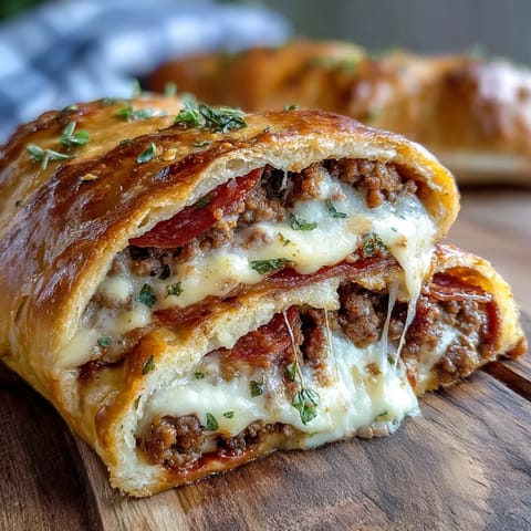 Freshly baked High-Protein Pepperoni Stromboli resting on a wooden board with a small bowl of marinara dipping sauce.