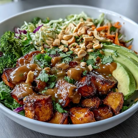 Vibrant Thai peanut sweet potato Buddha bowl with roasted sweet potatoes, fresh vegetables, and creamy peanut sauce.  