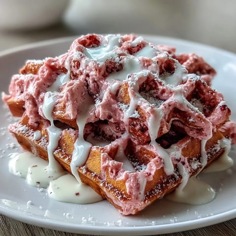 Fluffy pink velvet waffles drizzled with rich cream cheese sauce, garnished with fresh berries for a festive breakfast treat.