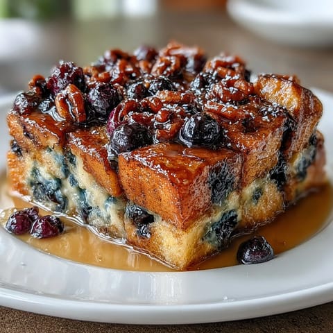 Blueberry Sourdough French Toast Bake with golden crust and juicy berries, perfect for a cozy weekend brunch.