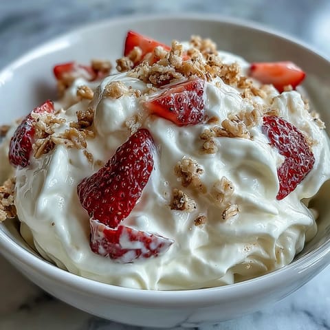 A vibrant breakfast bowl with whipped Greek yogurt, fresh strawberries, and crunchy granola for a nourishing start.