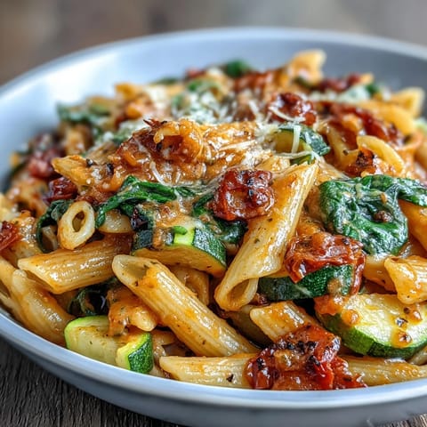 Creamy one-pot pasta loaded with zucchini, bell peppers, and spinach, topped with melted Parmesan cheese.  