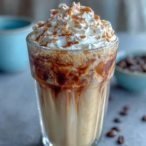 Creamy Iced Vanilla Bean Frappuccino with coconut whipped cream, served in a tall glass with a sprinkle of cinnamon.