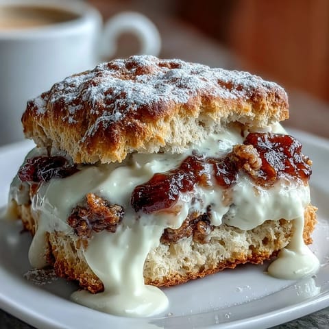 Golden-brown scones split open and layered with velvety clotted cream and sweet fruit preserves, ideal for afternoon tea.