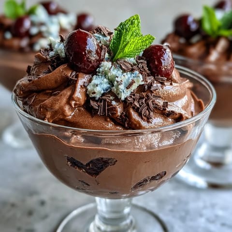 Creamy chocolate mousse cups with cottage cheese, topped with vibrant fresh berries and dark chocolate shavings. A protein-packed dessert that's both indulgent and healthy.