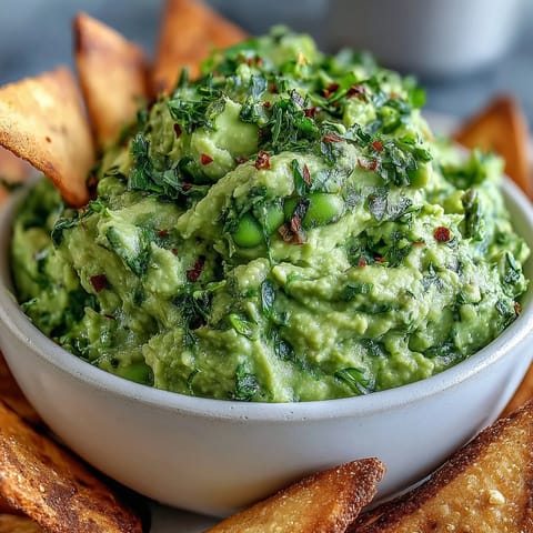 Vibrant green edamame guacamole with ripe avocado, perfect for dipping warm, spiced pita chips.  