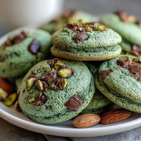 Vibrant green pistachio pudding cookies with white chocolate chips, chewy and festive for St. Patrick's Day celebrations.