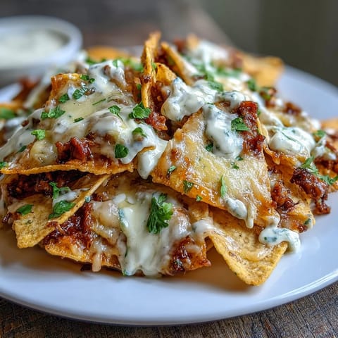 Crispy tortilla chips loaded with seasoned beef and creamy cheese sauce, topped with jalapeños and fresh garnishes.  