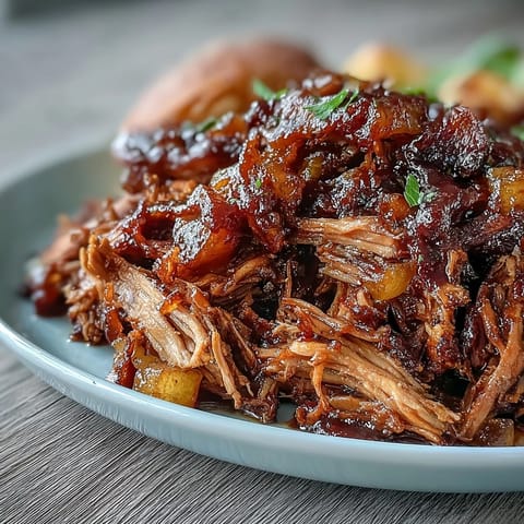 Honey peach BBQ pulled pork with tender shredded pork in a sweet and tangy sauce, served with fresh peach slices.