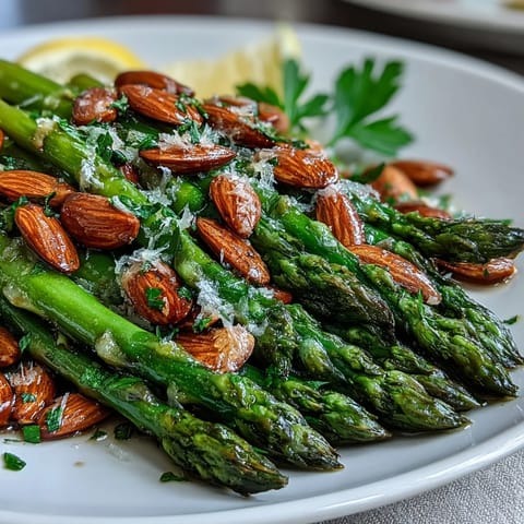 Lemon butter asparagus with toasted almonds glistens in a white serving dish, the vibrant green spears flecked with golden nuts and lemon zest.
