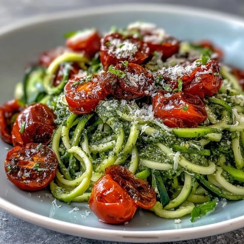 Fresh zucchini noodles tossed in fragrant basil pesto with juicy cherry tomatoes, a light and healthy vegetarian dinner.  