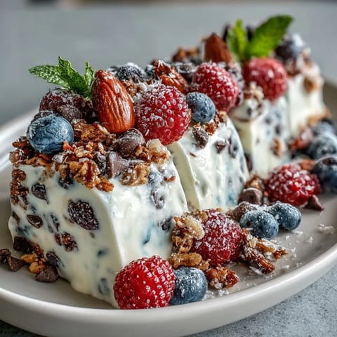 Frozen yogurt bark with berries and granola, a colorful, creamy treat for summer.