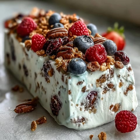 Creamy yogurt bark topped with berries and granola, a refreshing no-bake dessert.