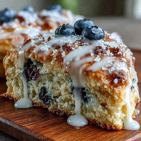 Golden Lemon Blueberry Scones with a glossy lemon glaze, perfect for a cozy breakfast or elegant brunch spread.