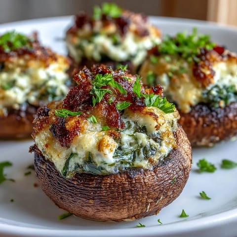 Creamy spinach and ricotta filling nestled in tender mushroom caps, baked to golden perfection for a flavorful appetizer.
