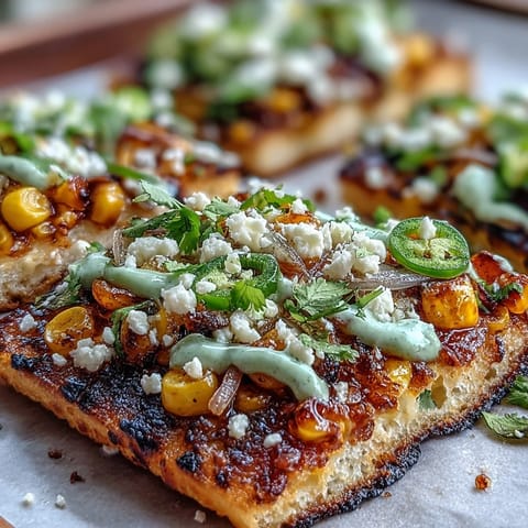 Charred corn flatbread for Cinco de Mayo, finished with jalapeño crema and fresh cilantro.