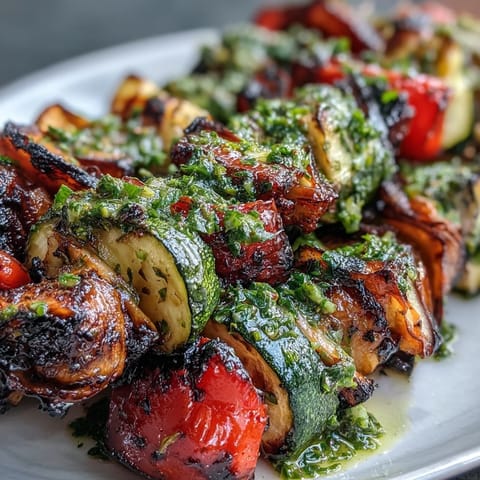 Vibrant grilled veggie kabobs with flavorful chimichurri sauce, ready for your plate.