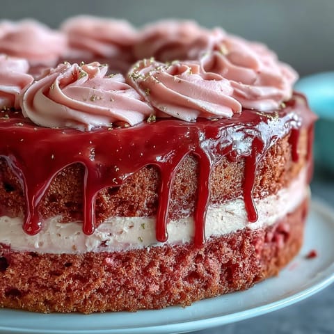 Elegant Bridal Shower Rosé Velvet Cake adorned with shimmering gold drip.