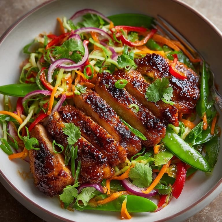 Close-up of vibrant One-Pan Miso Chicken with Snap Pea Slaw, ready to serve.