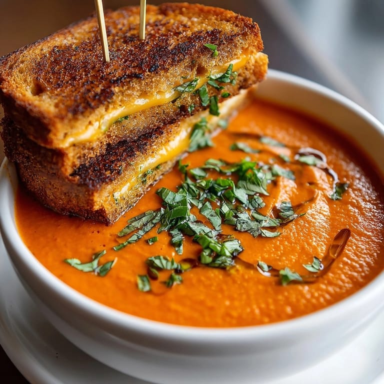 Comforting Creamy Tomato Soup pairs perfectly with crunchy, cheesy, dill Pickle Grilled Cheese Skewers.