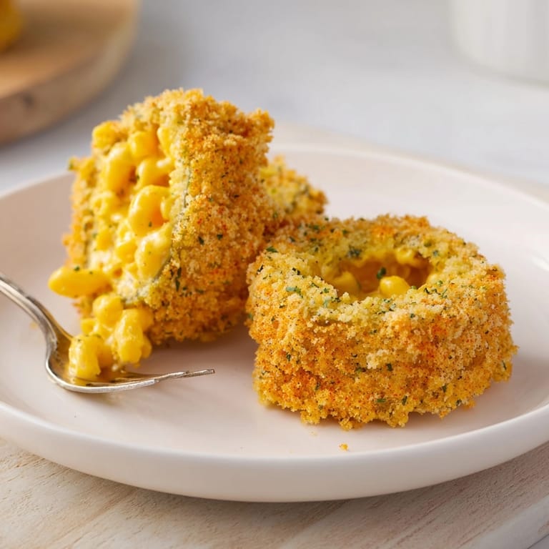 Homemade Mac and Cheese Fried Pickle Rings: a playful, savory appetizer, perfectly golden brown.