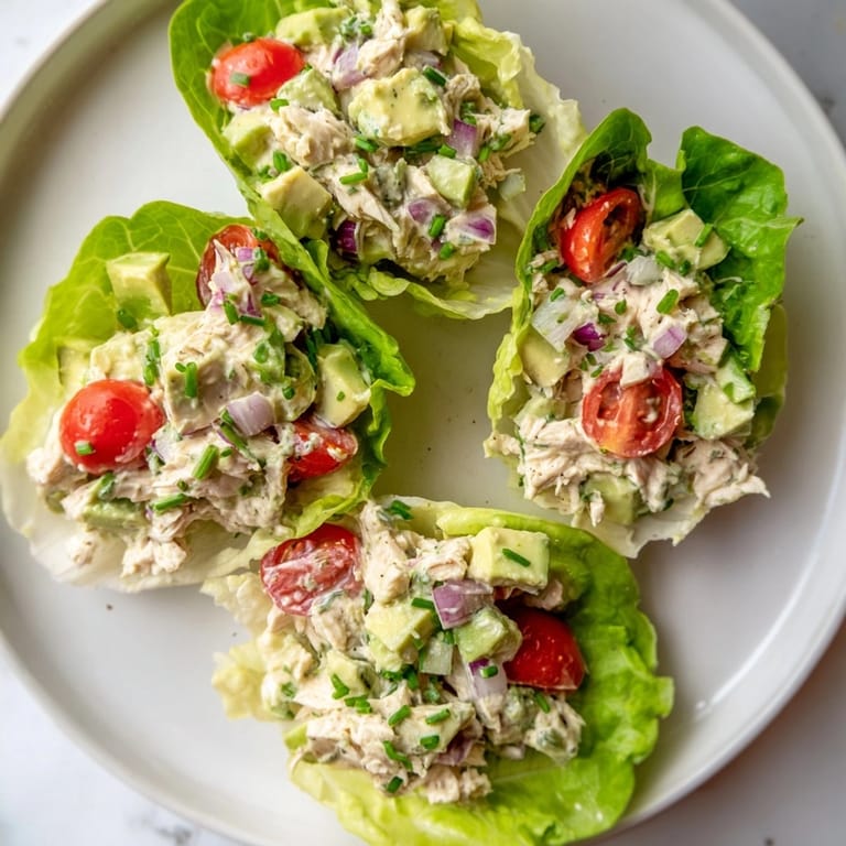 Gluten-free Avocado Ranch Chicken Salad Cups recipe: juicy chicken, avocado, herbs, served fresh.