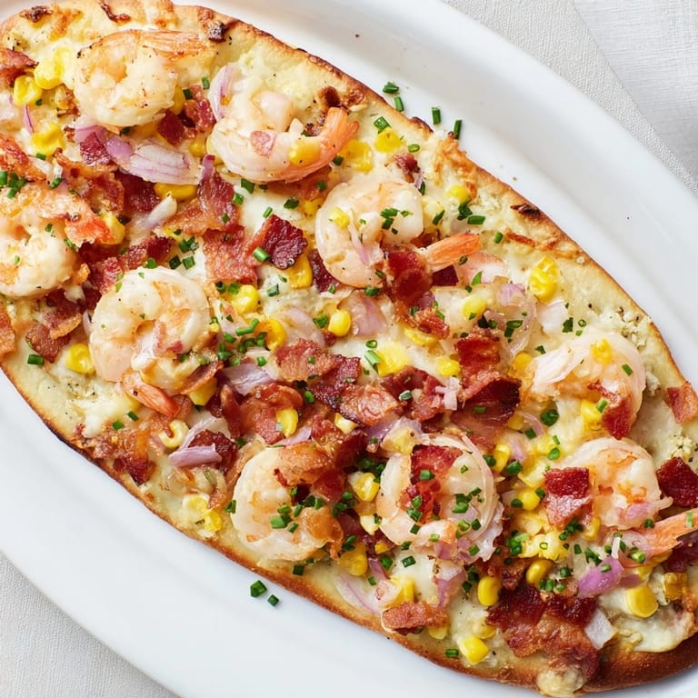 Close-up of a Shrimp Corn Chowder Flatbread: creamy, cheesy, and seafood-packed topping.