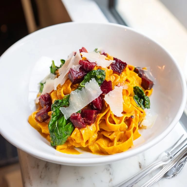 Delightful pumpkin pasta topped with sweet maple-roasted beets and fresh spinach.  