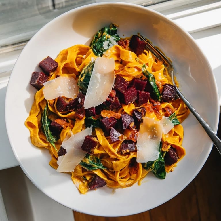 Indulge in vibrant pumpkin pasta, enriched with roasted beets and Parmesan cheese.