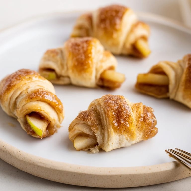 Delicious caramel apple crescent bites baked to a crispy, golden perfection on parchment.  