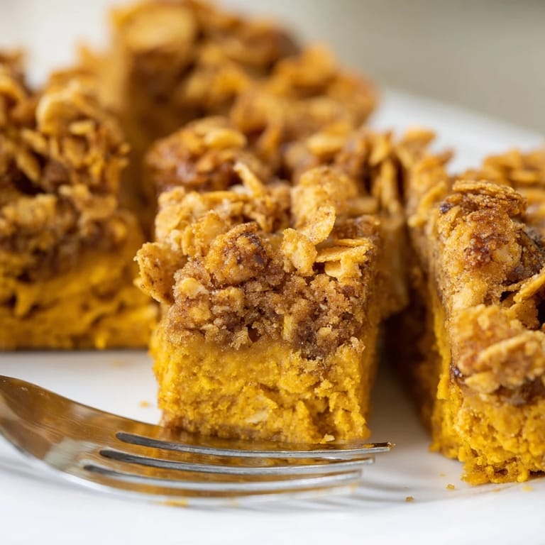 Warm pumpkin cornflake muffin bars, ideal for a cozy breakfast or afternoon treat.