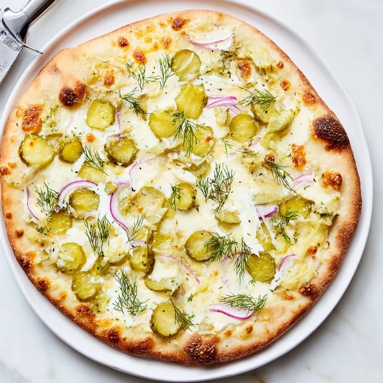 Deliciously unique Pickle Pizza with rich crème fraîche and fresh dill garnishing.  