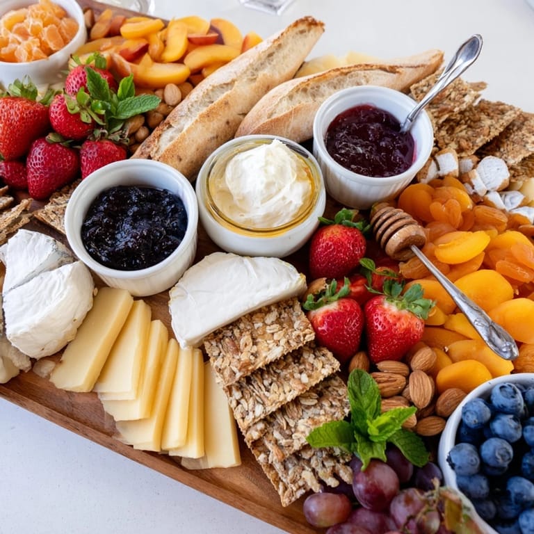 Vibrant brunch board featuring assorted jams, cheeses, and seasonal fruits in abundance.  