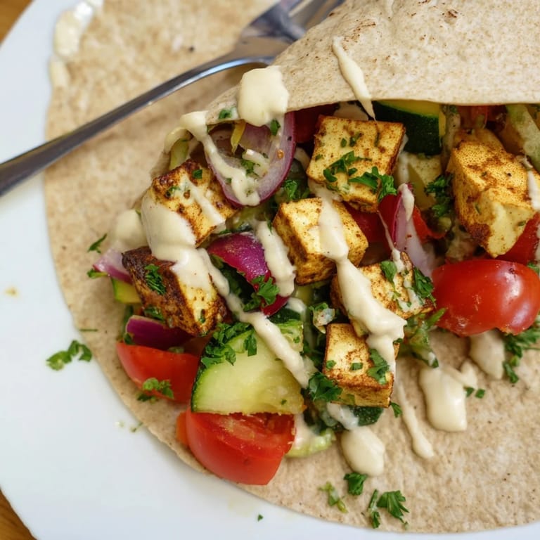 Deliciously satisfying Vegan Viral Recipe re-make with creamy tahini-yogurt drizzled over colorful vegetables.