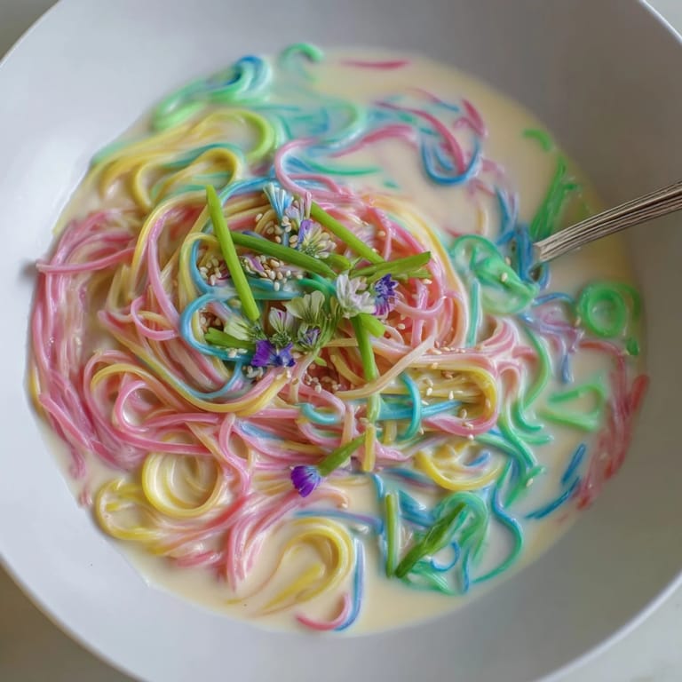 Whimsical Neon Noodle Cloud served in creamy sauce, perfect for parties and kids.  