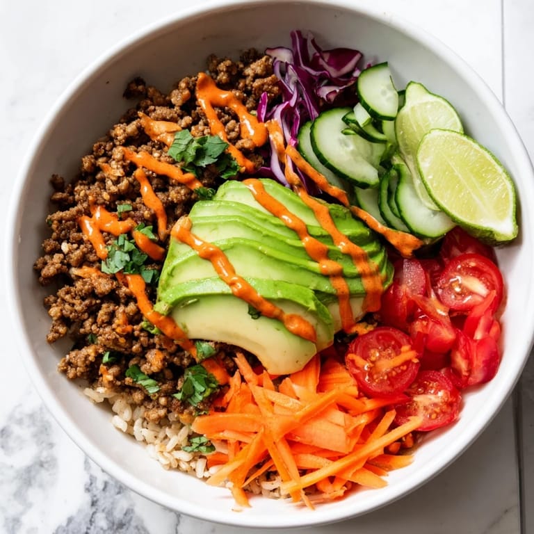 Wholesome plant-based meat bowl, drizzled with spicy mayo and garnished with cilantro.