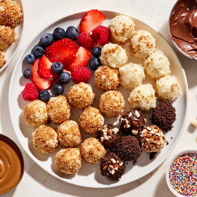 Deconstructed dessert board showcases creamy cheesecake bites with colorful toppings ready for customization.  