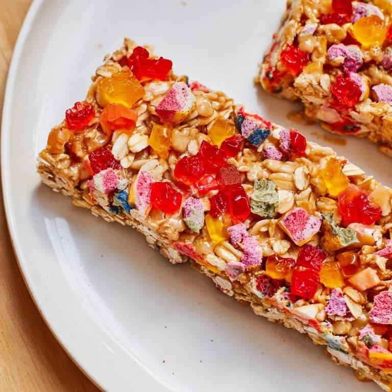 Vibrant DIY snack bars layered with chewy gummies and crispy freeze-dried delights.